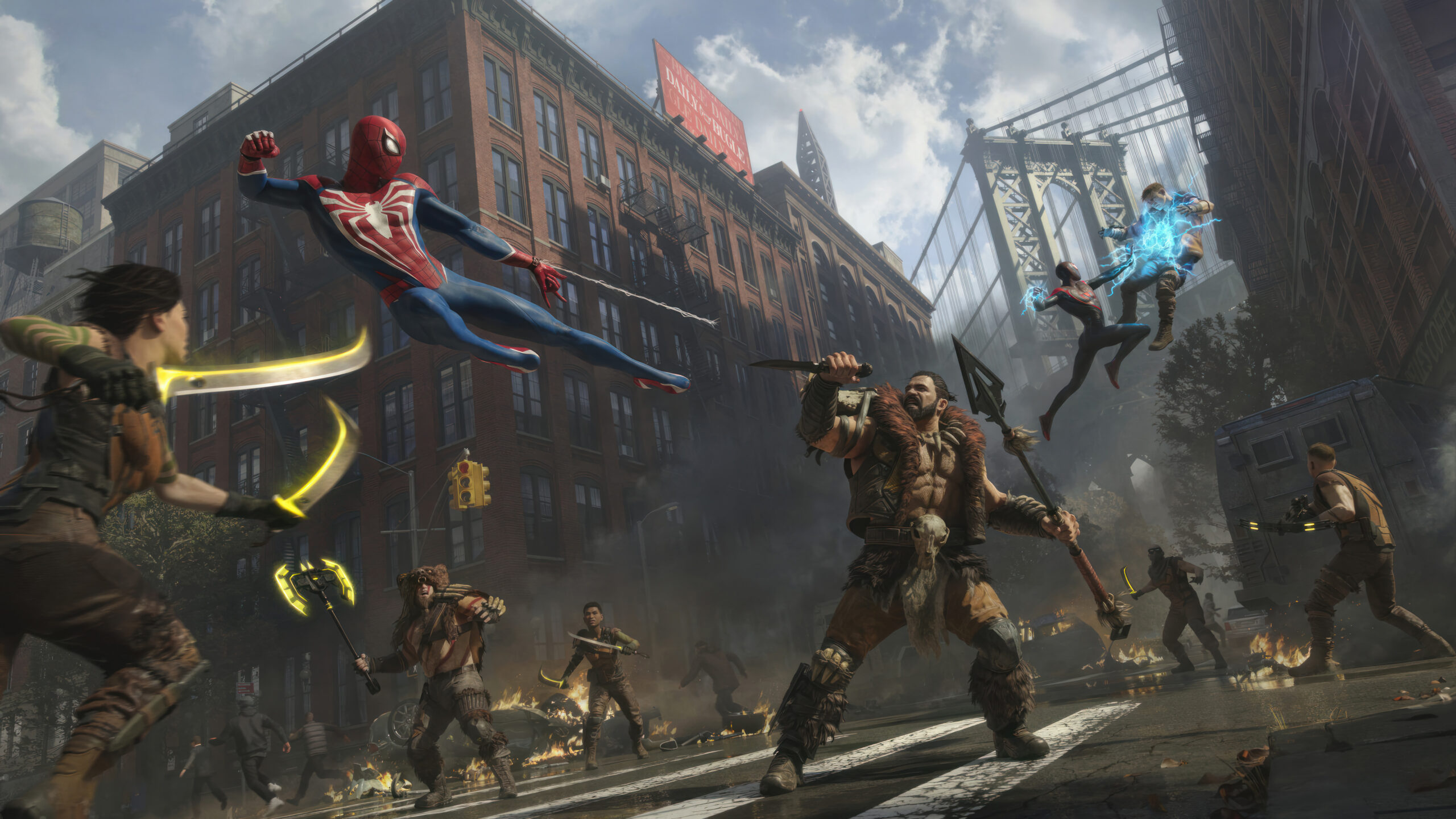 Peter Parker e Miles Morales olhando para Nova York em Spider-Man 2