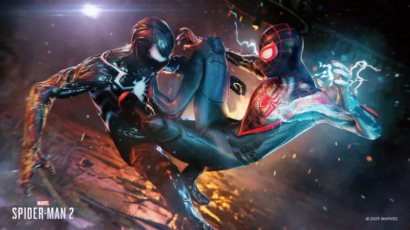 Visual cinematográfico de Spider-Man 2 com cidade iluminada e vilões ao fundo
