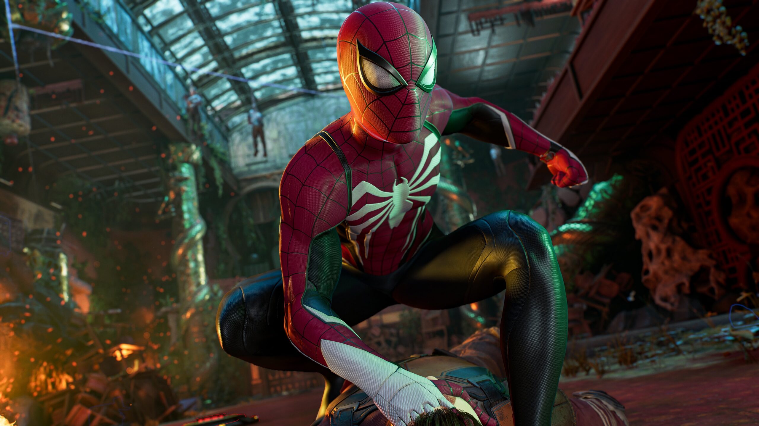 Nova York detalhada em Spider-Man 2 com prédios e luzes à noite