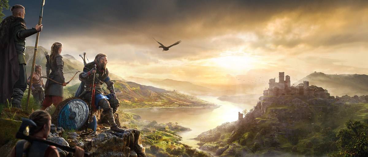 Cena narrativa de Assassin's Creed Valhalla mostrando diálogos entre personagens