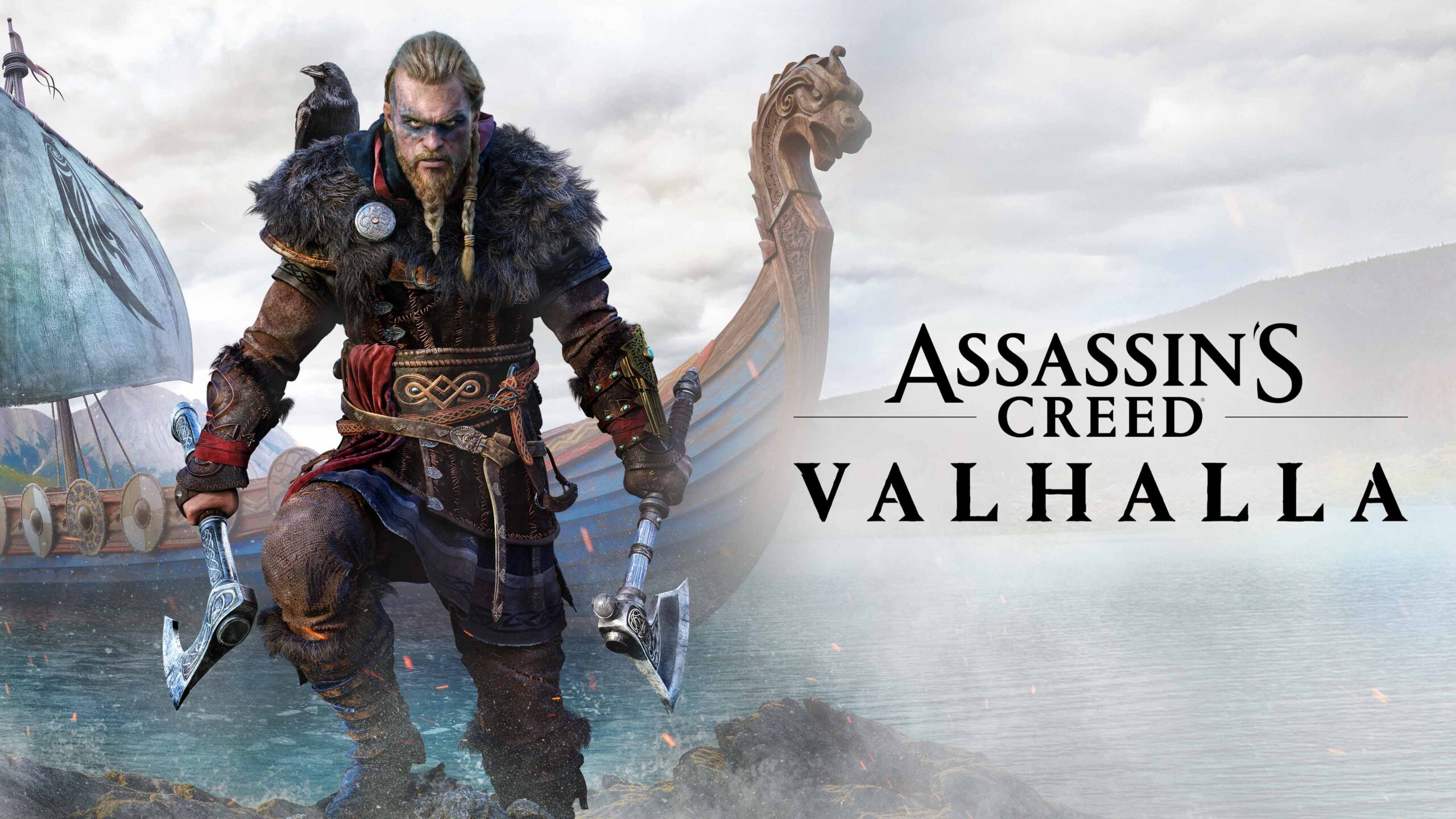 Eivor em Assassin's Creed Valhalla enfrentando inimigos em paisagem viking