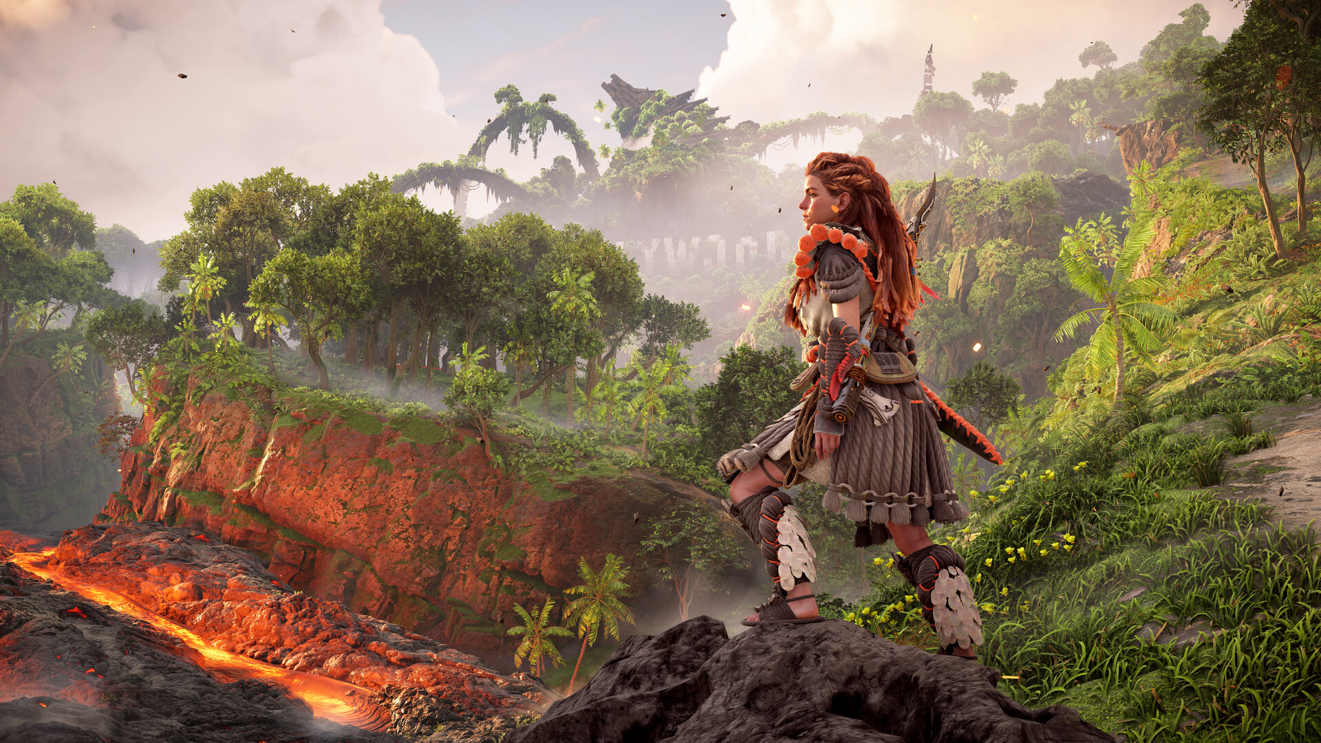 Paisagem detalhada de Horizon Forbidden West mostrando o equilíbrio entre natureza e tecnologia
